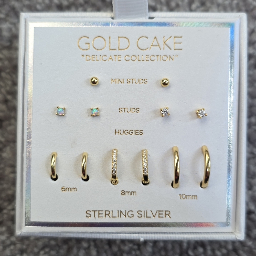 GOLD CAKE Steeling Silver Mini Earrings, Brand New, 6 Pairs